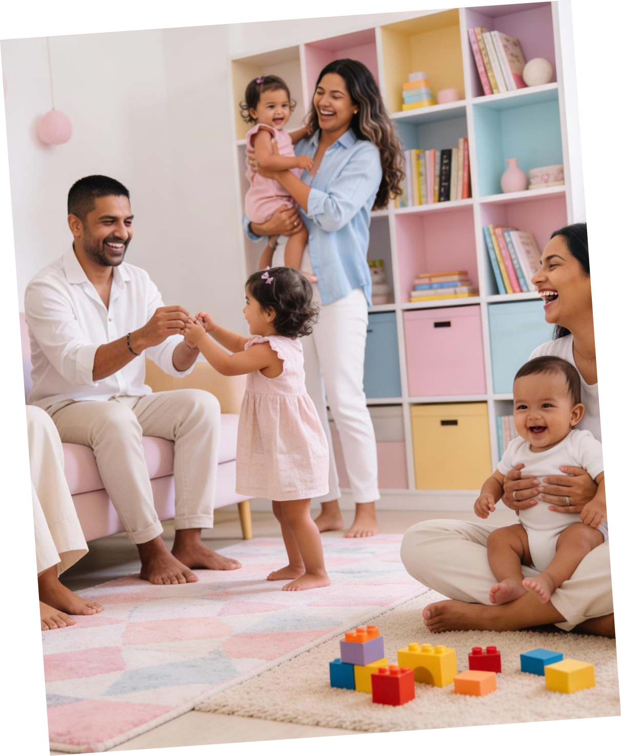 Parents and young children playing together in a living room