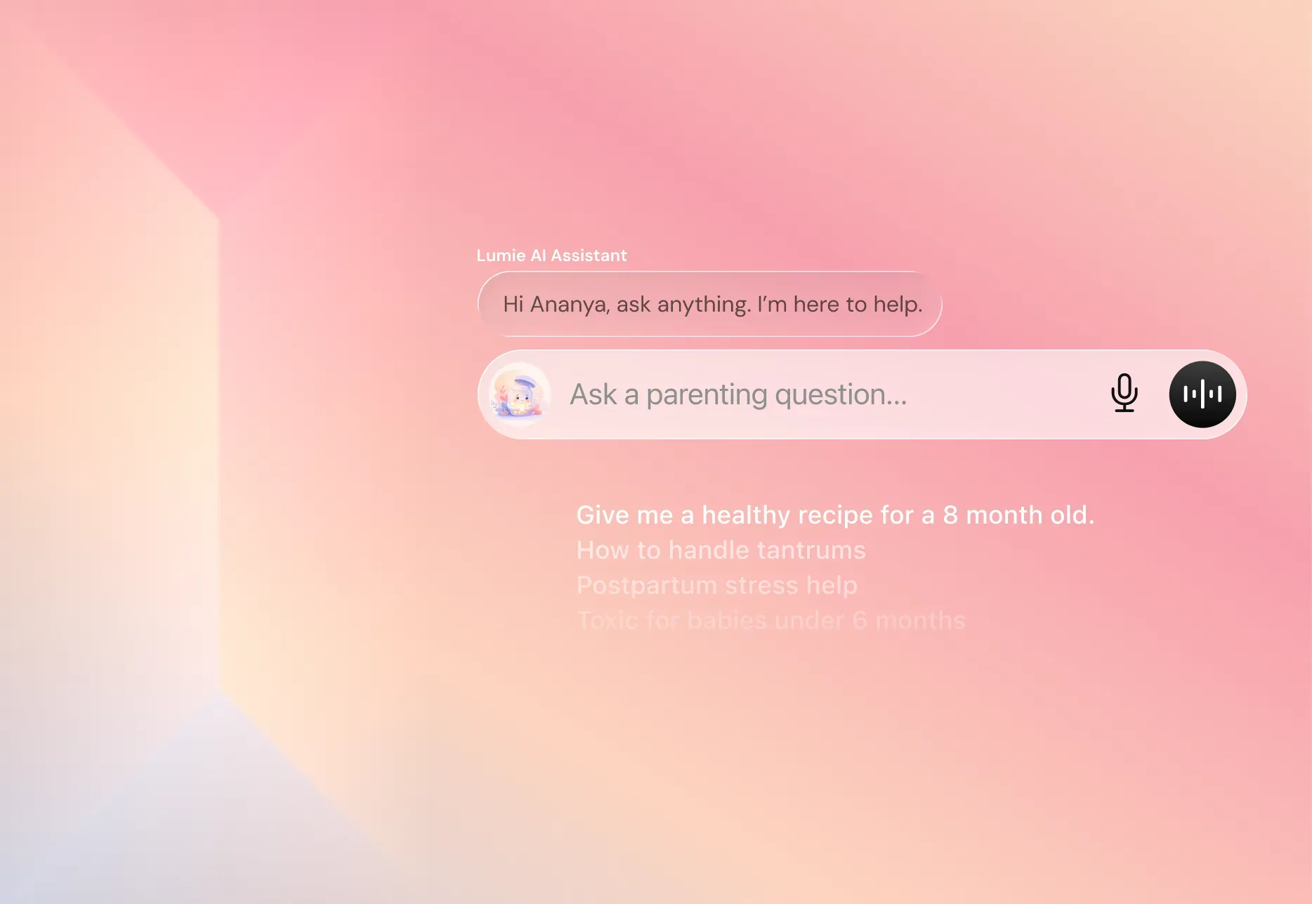 Lumie AI assistant prompt with suggested parenting questions