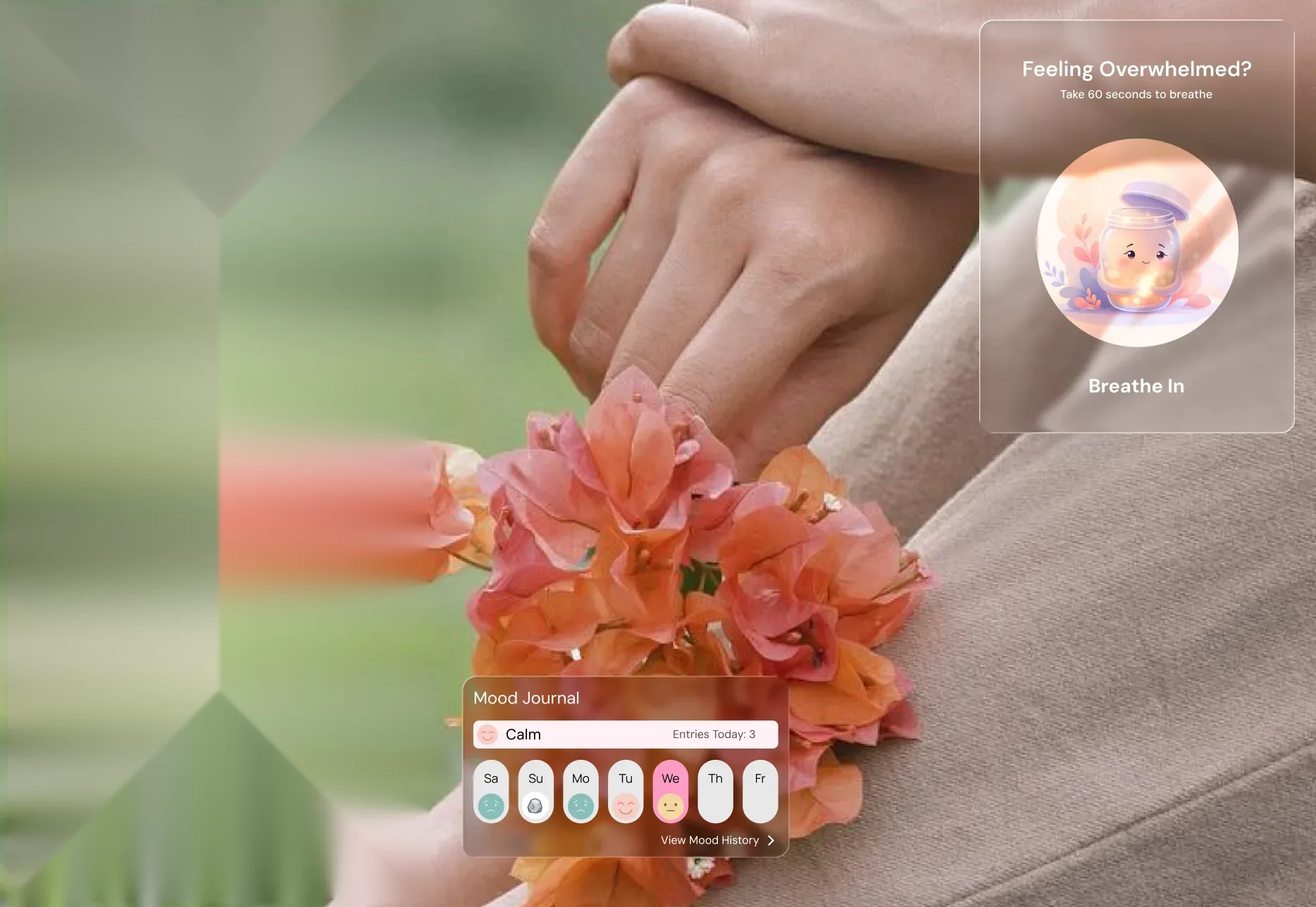 Guided breathing and mood journal widgets over a photo of flowers