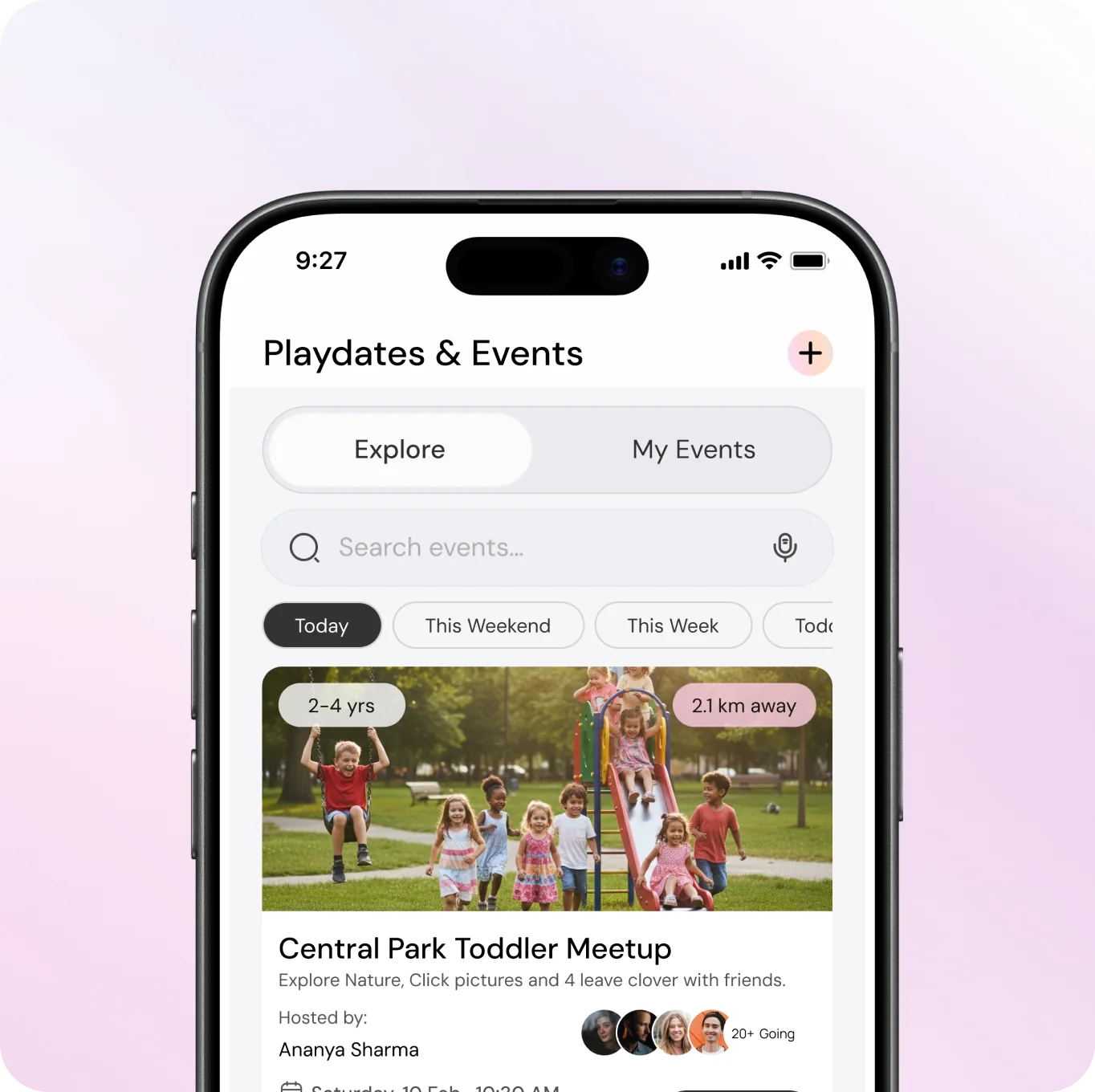 Ville app showing events and playdates nearby