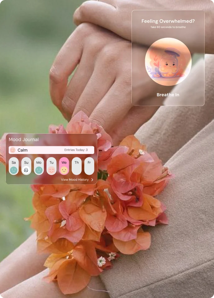 Guided breathing and mood journal widgets over a photo of flowers