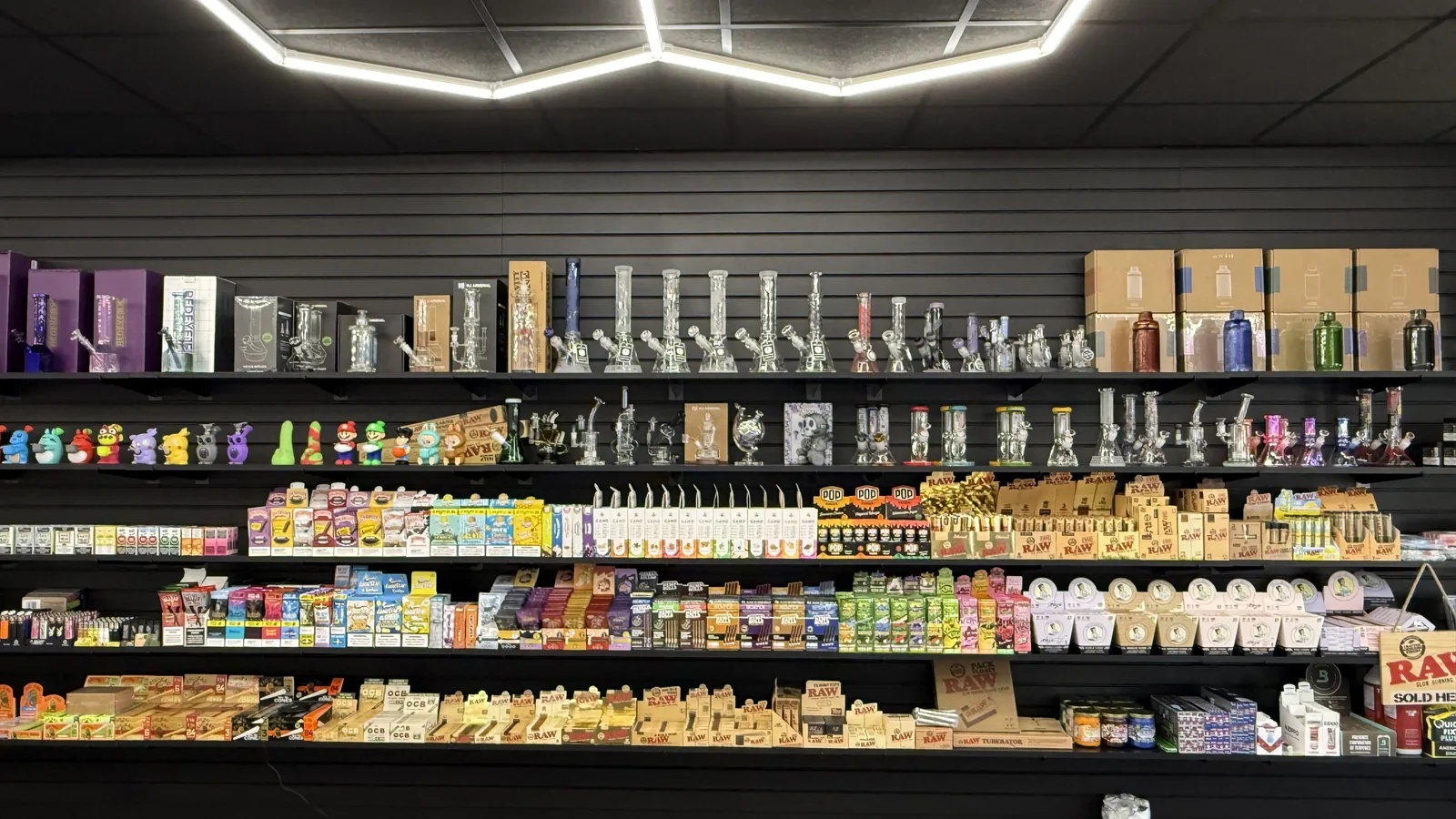 Bottles of vape juice and nicotine salt e-liquids on display at Ember Smoke & Vape in Mesa, Arizona