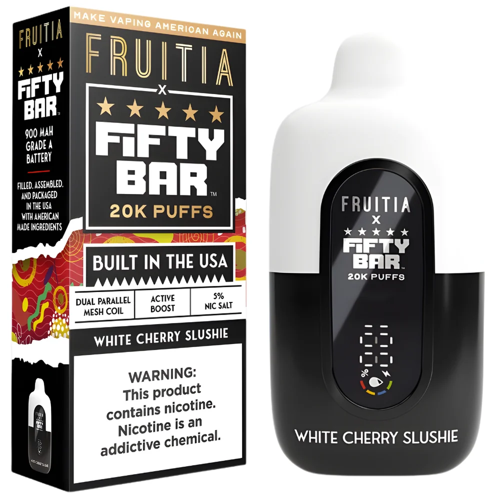 Fruitia X Fifty Bar 20K White Cherry Slushie disposable vape at Ember Smoke & Vape in Mesa