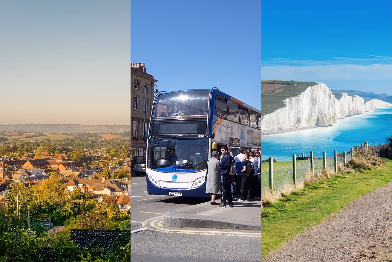 Collage of UK travel images: countryside village, double-decker bus, white chalk cliffs by ocean
