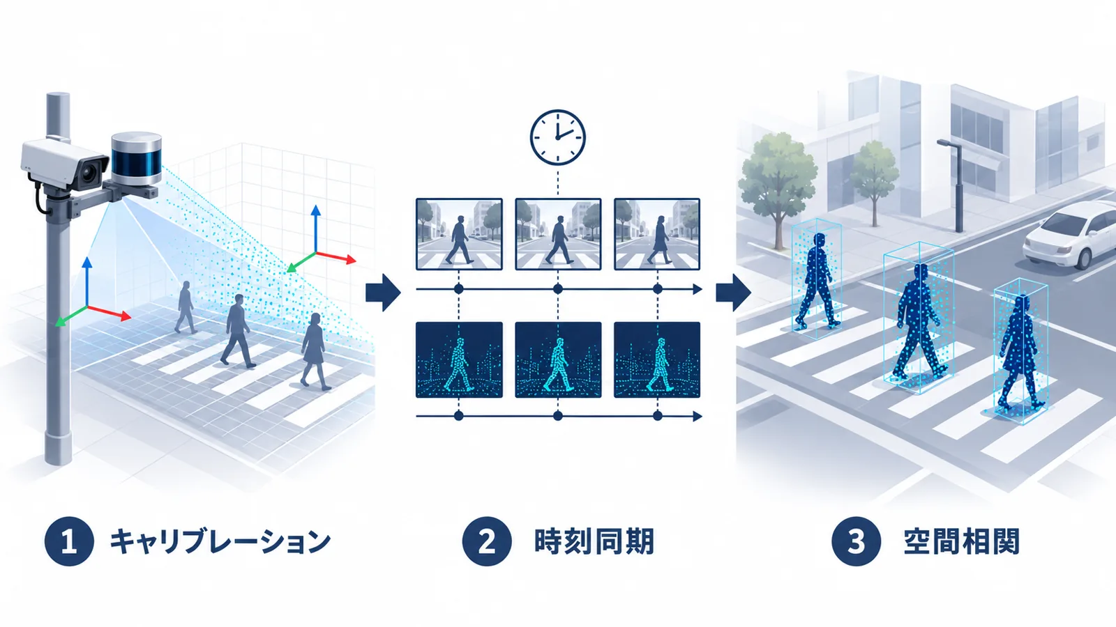Fusionの3ステップ(キャリブレーション→時刻同期→空間相関)の概念図