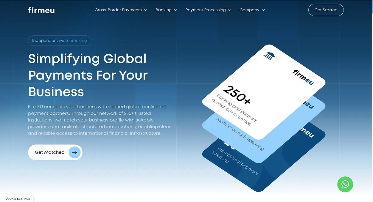 FirmEU homepage with headline about simplifying global payments and cards showcasing 250+ banking partners.