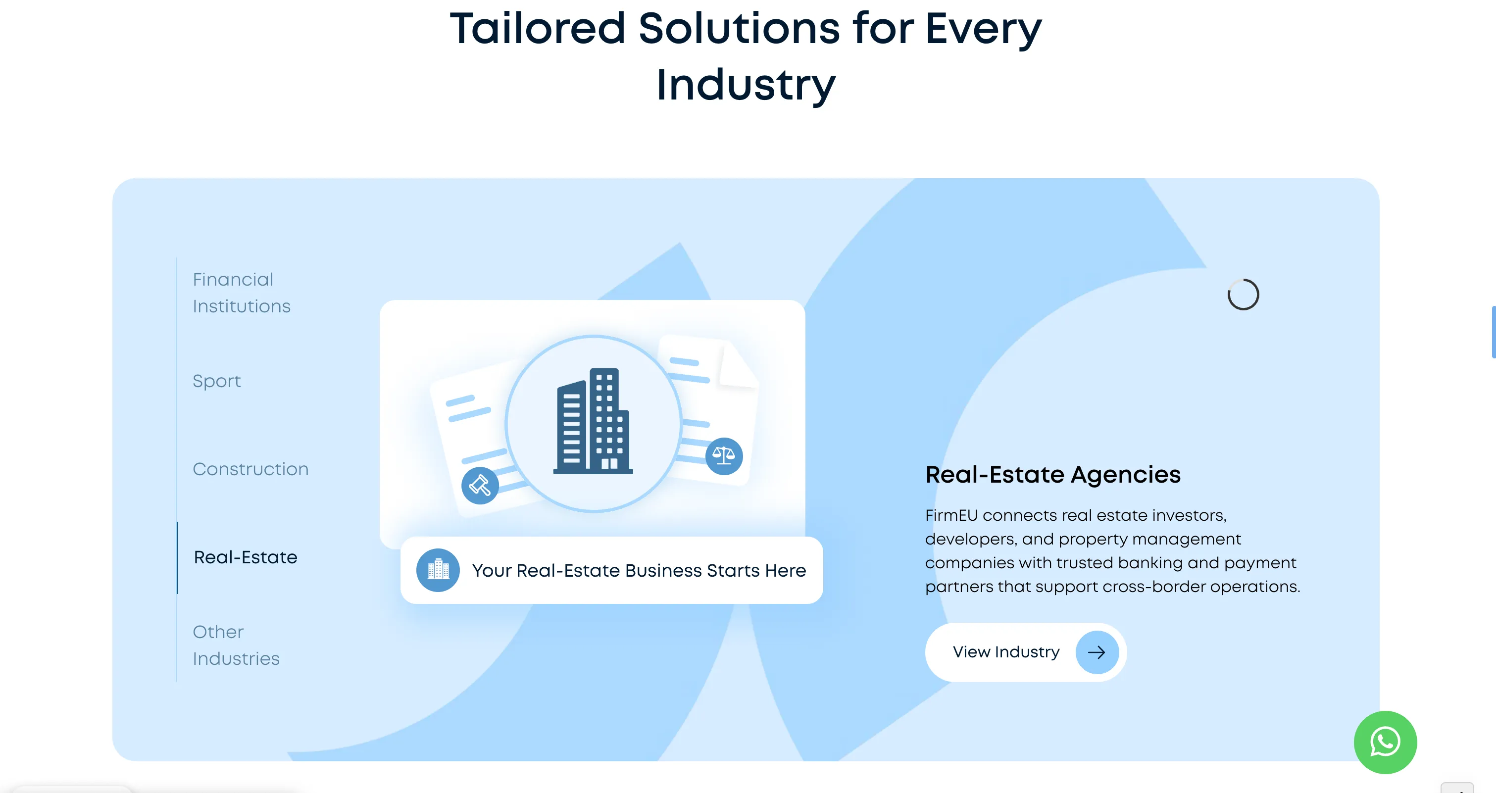 Section titled Tailored Solutions for Every Industry highlighting real-estate services for investors and developers.