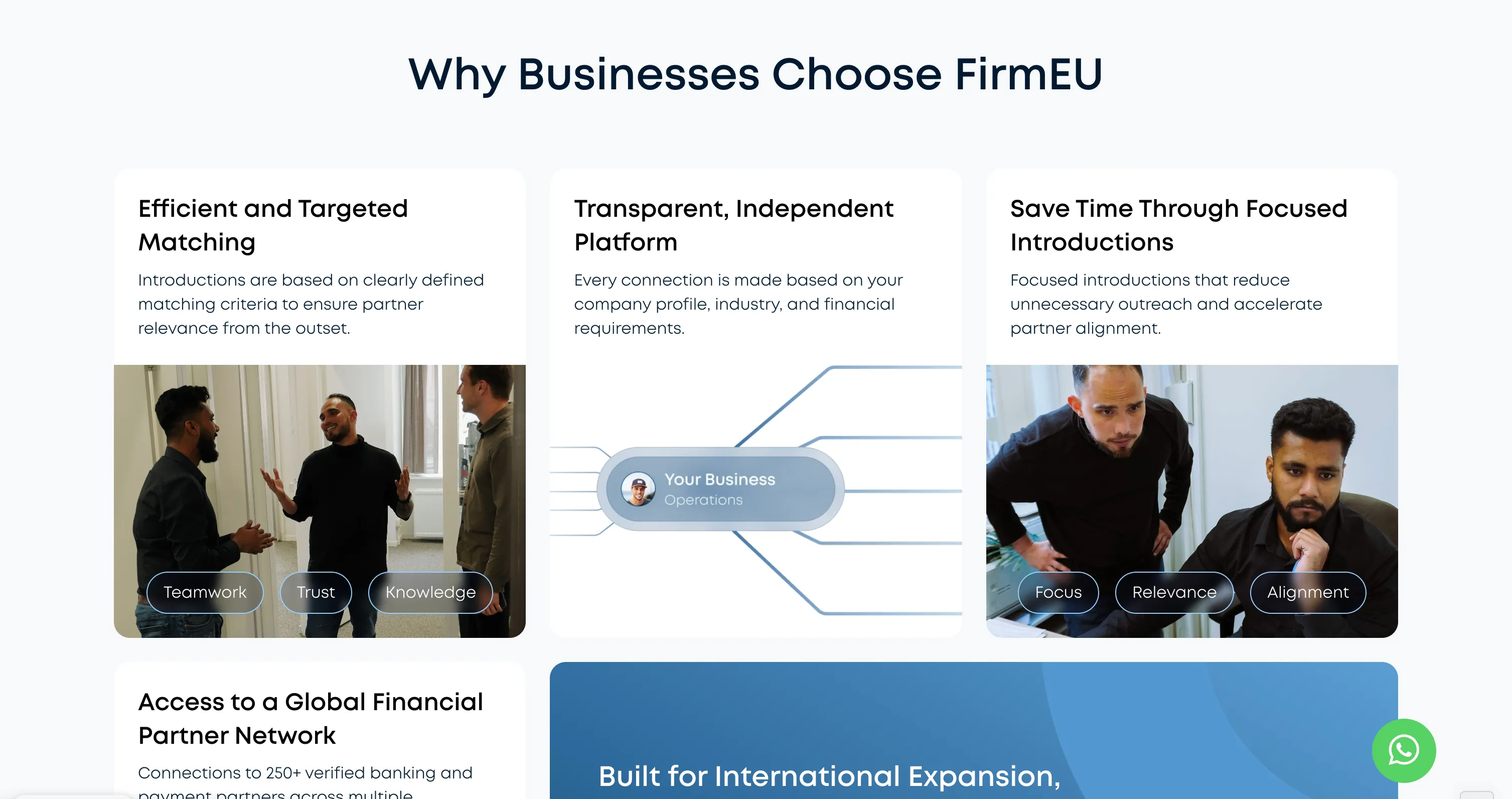 Section titled Why Businesses Choose FirmEU with benefits and images of people collaborating and a connection diagram.