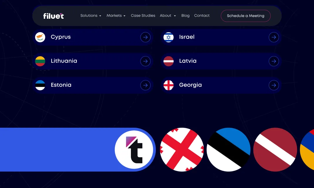 Website menu with Filuet logo, links, schedule button, and countries Cyprus, Lithuania, Estonia, Israel, Latvia, Georgia.