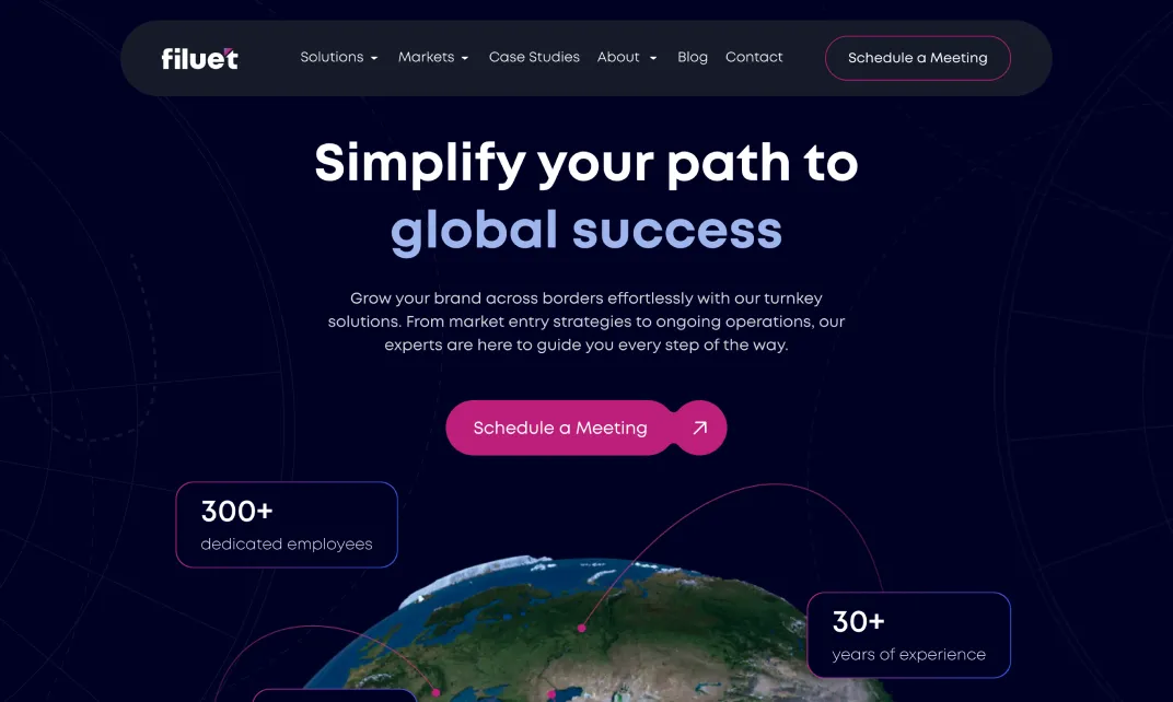 Website header with navigation and slogan 'Simplify your path to global success' above a globe image.