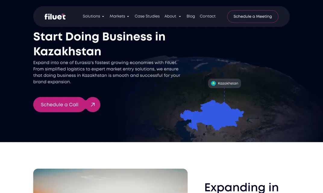 Website header promoting doing business in Kazakhstan with map highlight and schedule call button.