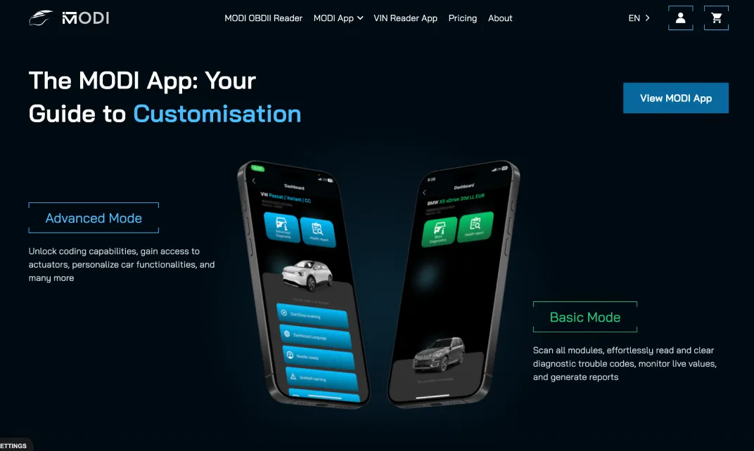Two smartphones showing the MODI app interfaces with Advanced Mode and Basic Mode features described.