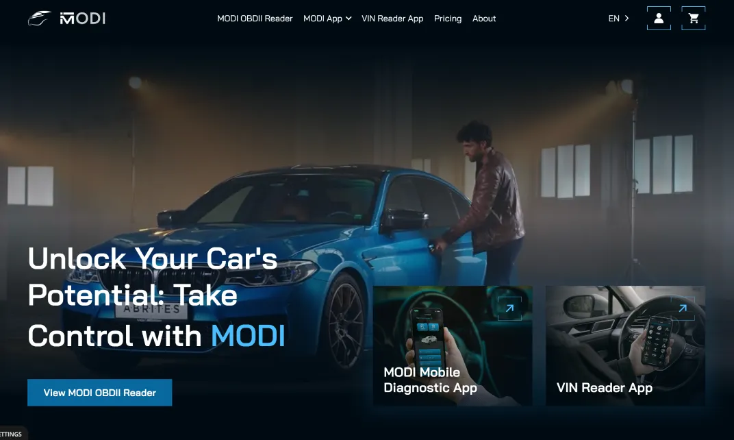 Man in brown jacket opening door of blue car with MODI diagnostic and VIN reader app overlays.