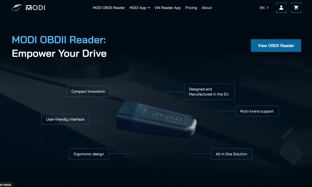 MODI OBDII Reader device with features like compact innovation, ergonomic design, EU-made, multi-brand support.