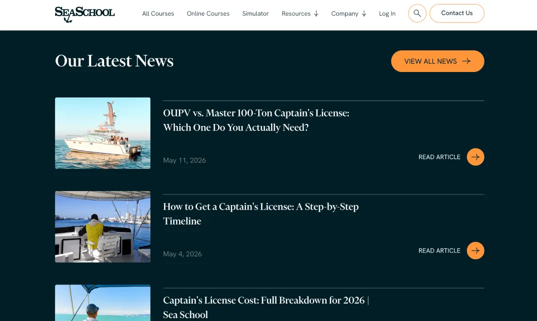 Website news section listing captain's license articles with boat images and read article buttons.