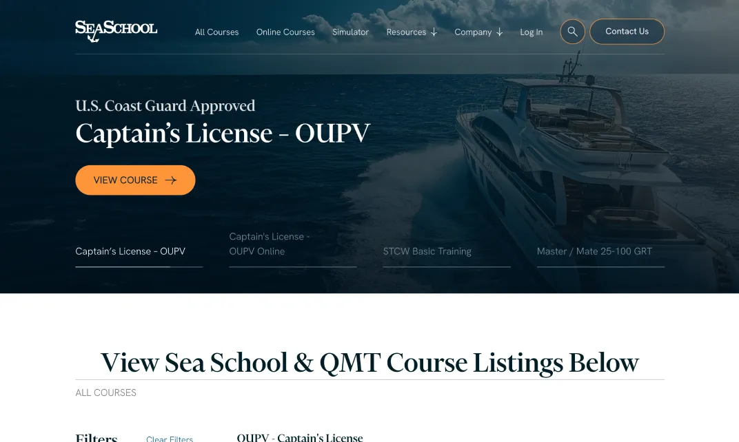 Sea School website header with a yacht on the sea and U.S. Coast Guard Approved Captain’s License - OUPV course.