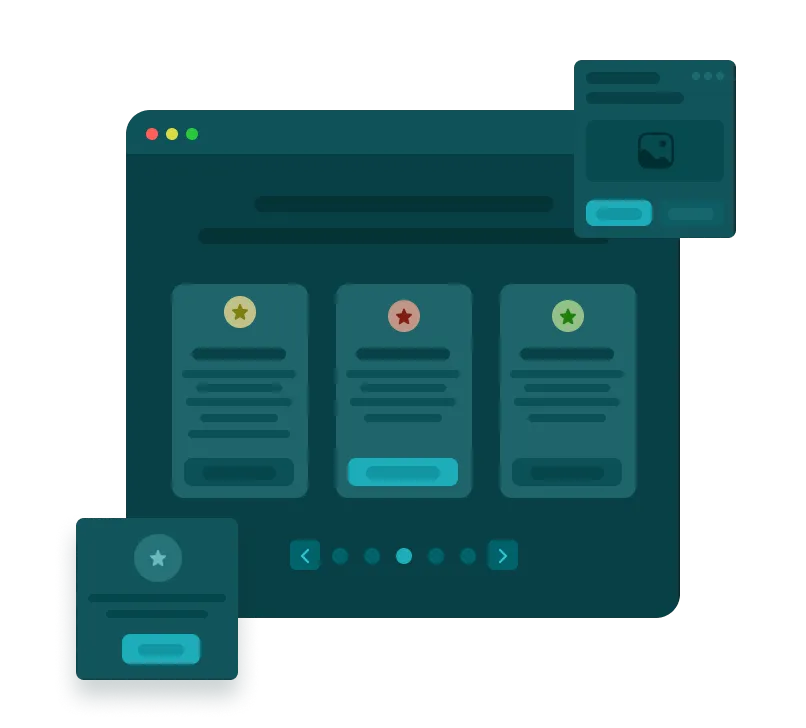 Dark-themed website interface showing three card-like sections with star icons and navigation dots below.