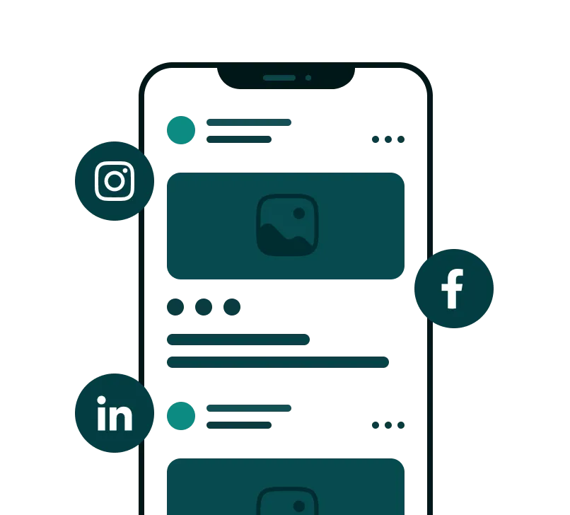 Illustration of a smartphone showing a social media feed with Instagram, Facebook, and LinkedIn icons.