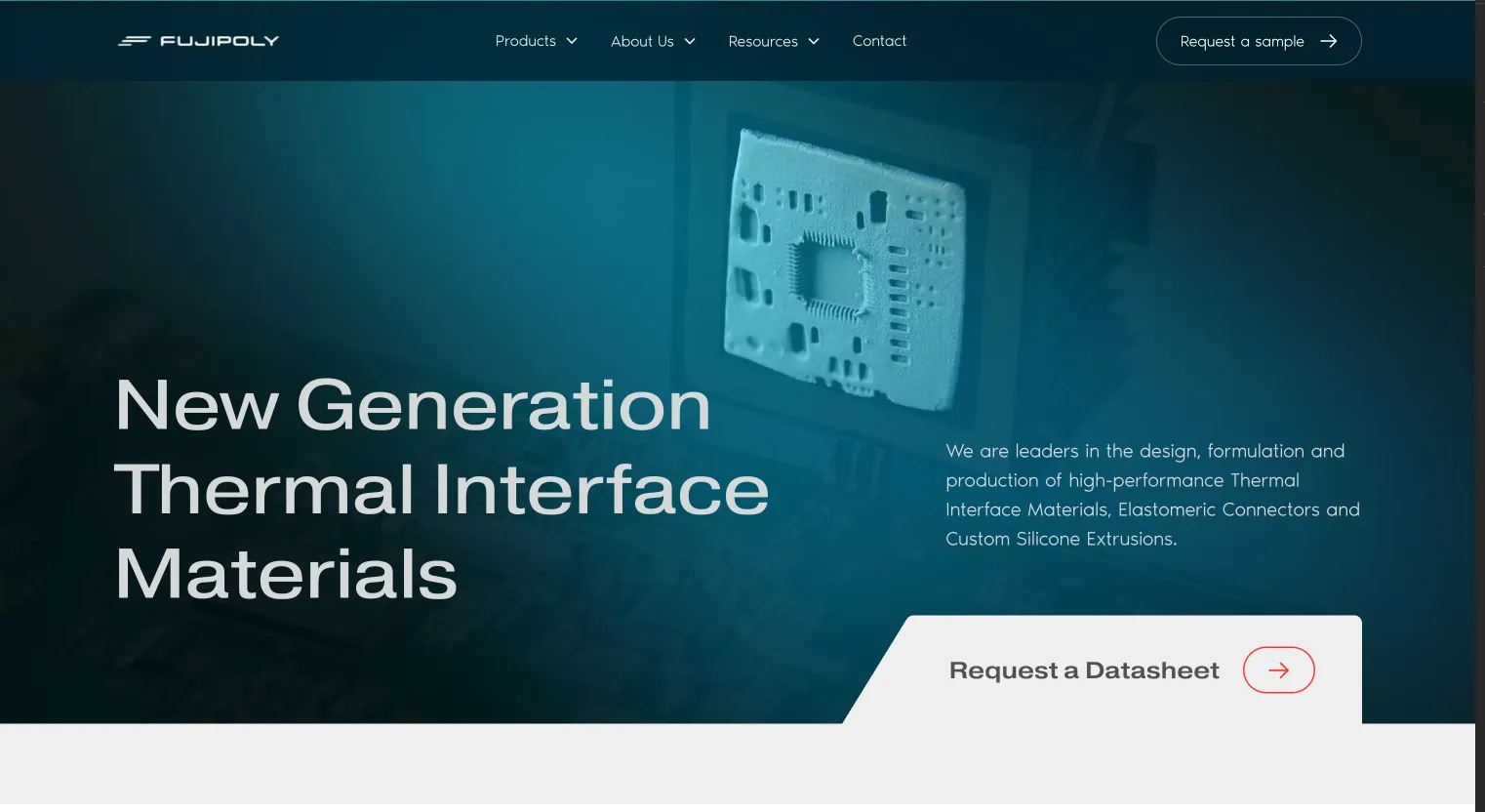 Website header with FujiPoly logo, text 'New Generation Thermal Interface Materials', and a chip image.
