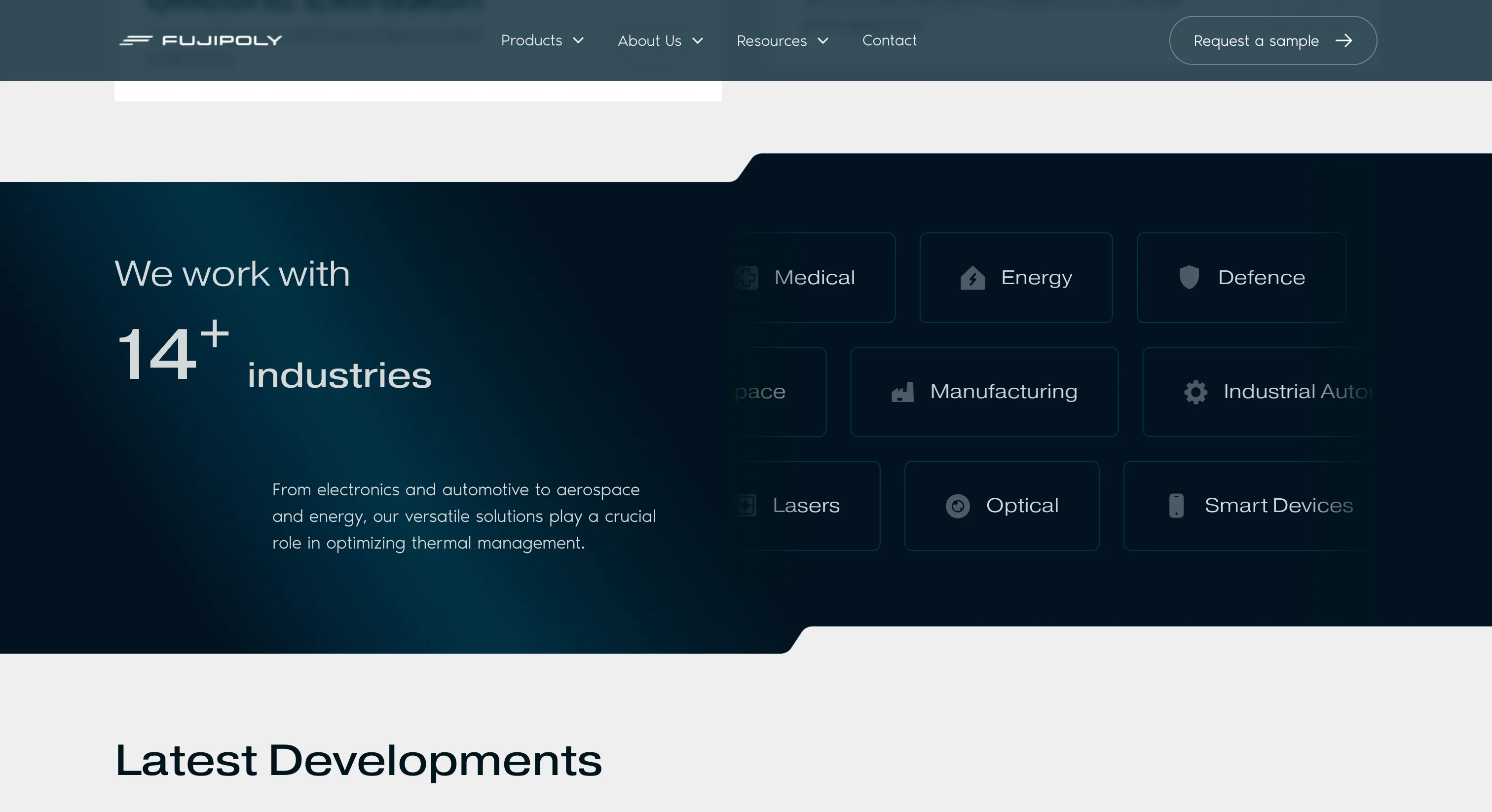 Fujipoly works with 14+ industries including medical, energy, defence, manufacturing, lasers, optical, and smart devices.