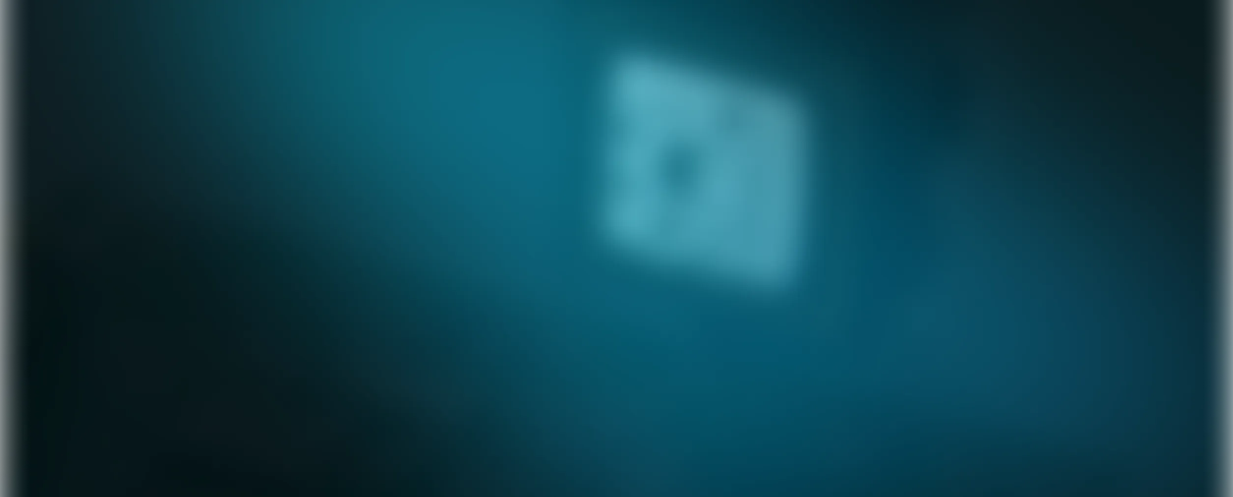 Blurred blue square logo with a central dark shape on a dark teal gradient background.