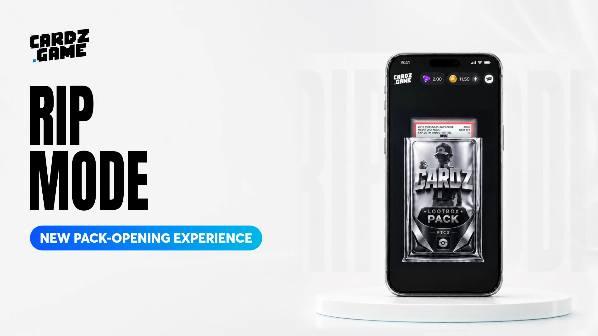 CARDZ RIP MODE pack-opening announcement banner