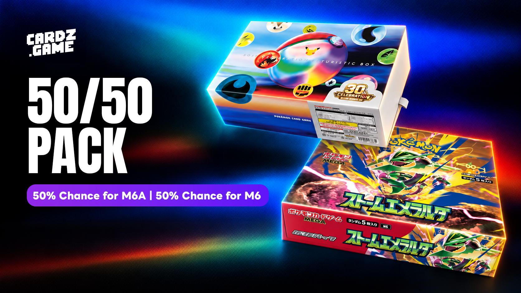 CARDZ.GAME Pokémon 50/50 Pack banner showing M6A and M6 boxes, with a 50% chance for each.