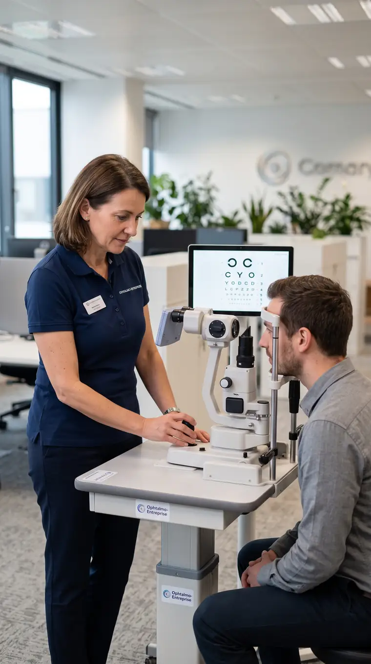 Opticien réalisant un dépistage visuel en entreprise