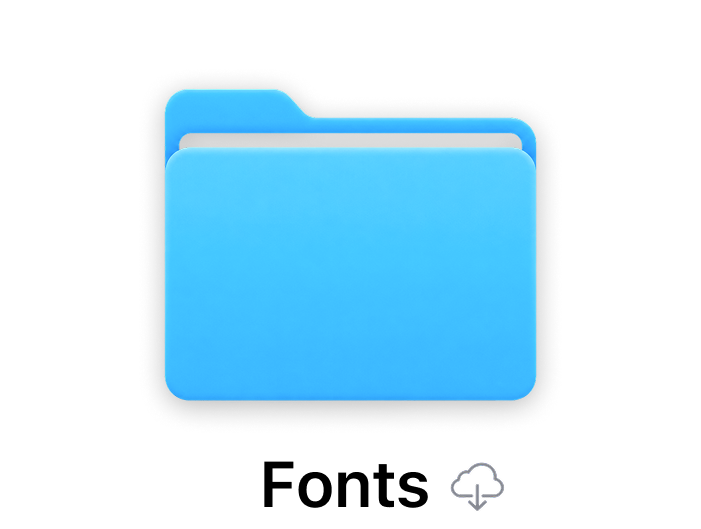 macOS folder icon labeled Fonts, About page moodboard