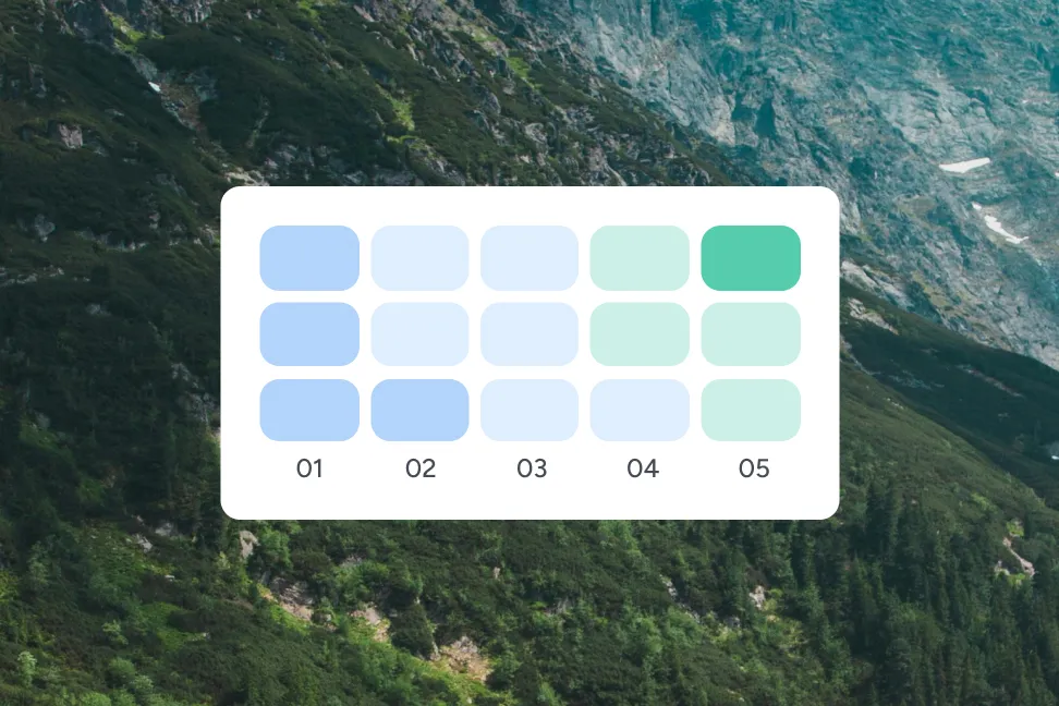 A color palette chart with rounded squares in shades of blue and green labeled 01 to 05.
