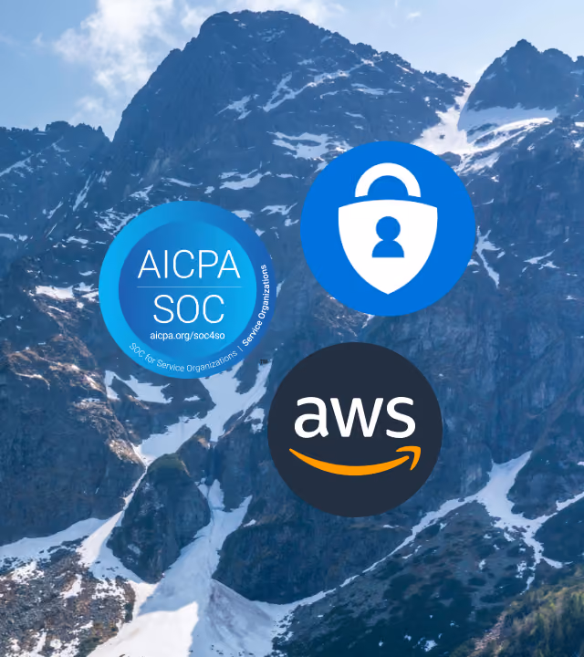 Logos of AICPA SOC, a security shield with a person icon, and AWS over a mountain background.