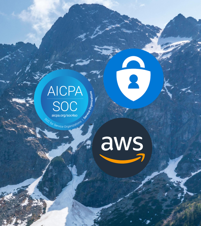Logos of AICPA SOC, a security shield with a person icon, and AWS over a mountain background.