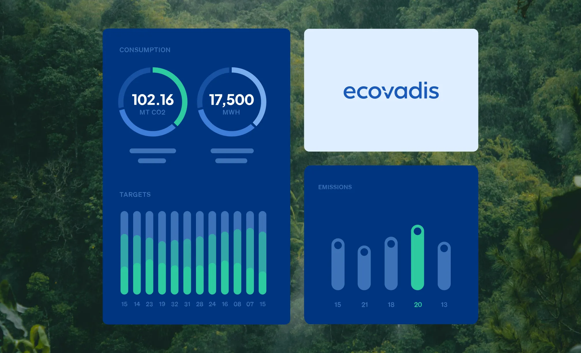 Dashboard with consumption, targets, emissions data and Ecovadis logo over forest background.