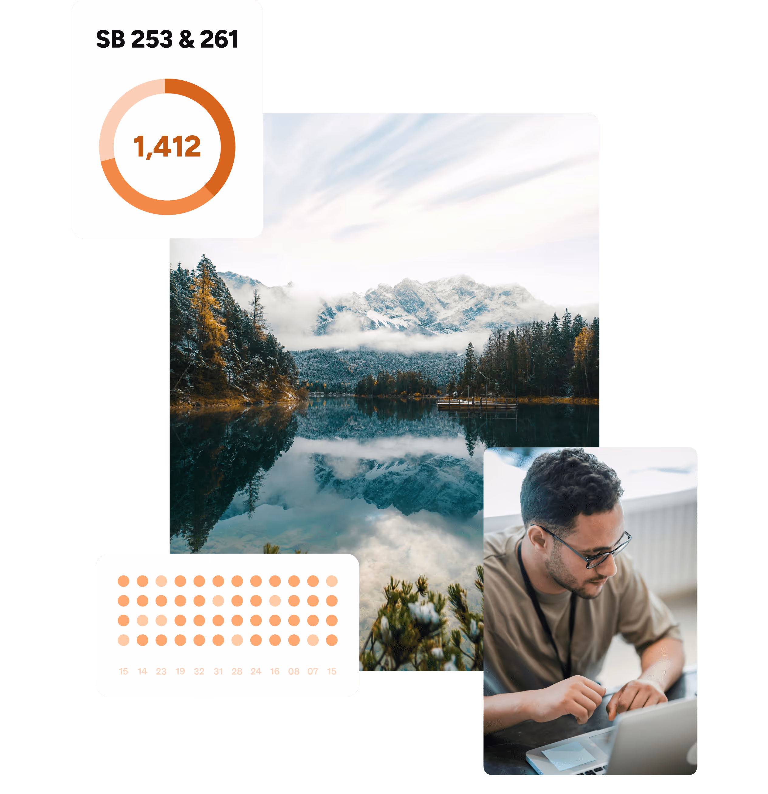 Calm lake reflecting forest and snowy mountains under a cloudy sky with data charts and a man working on laptop.