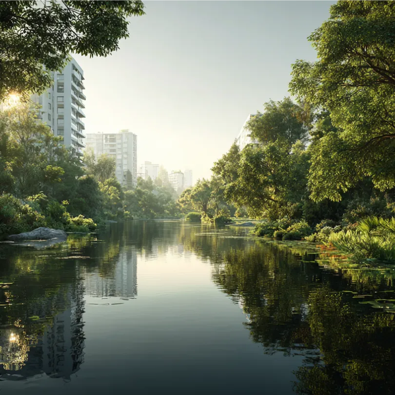 Calm river surrounded by lush green trees with urban buildings in the background under soft sunlight.
