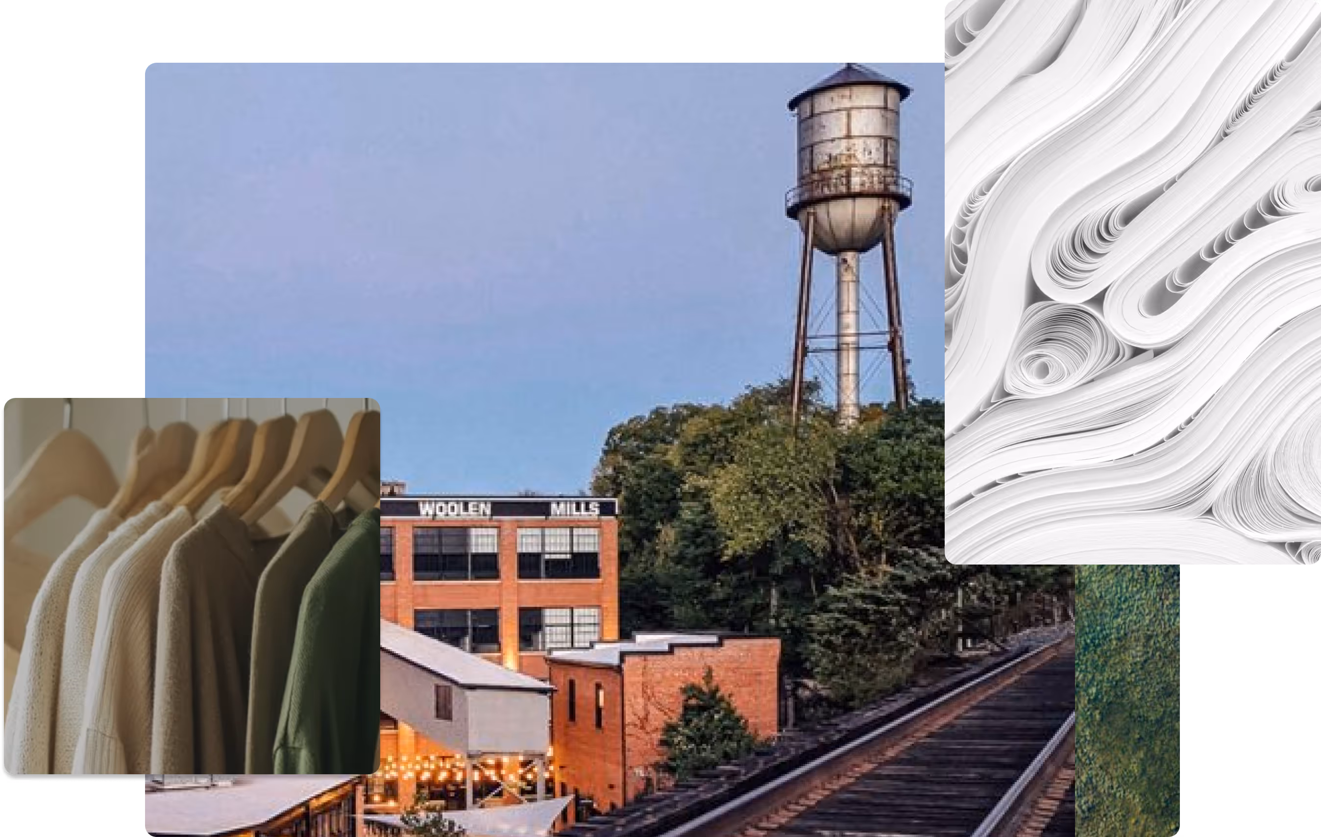 Rustic woolen mill building near railway tracks with a tall water tower and trees in the background.
