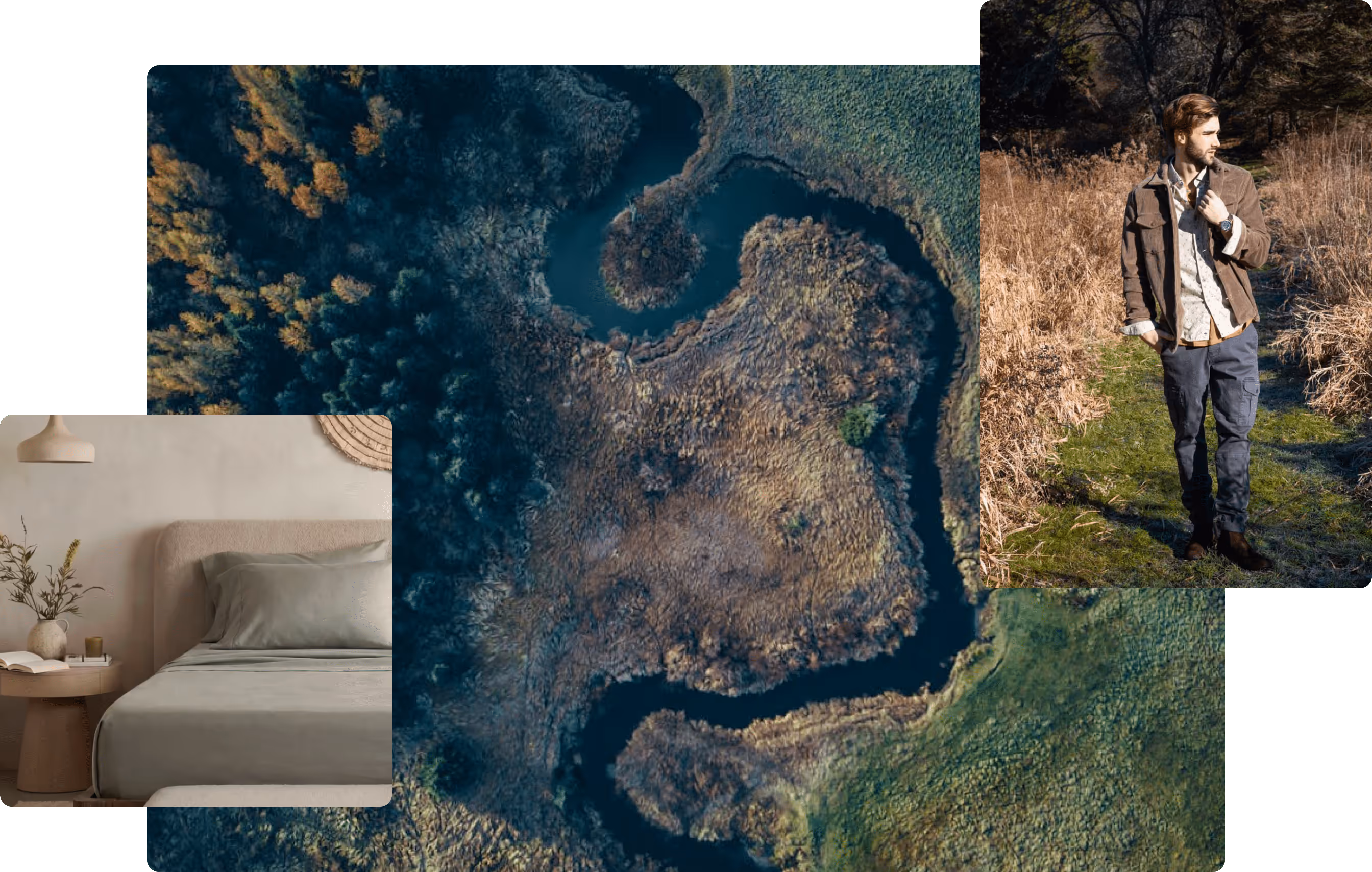 Aerial view of winding river through sparse forest and grassland with inset images of a bed and a man walking outdoors.