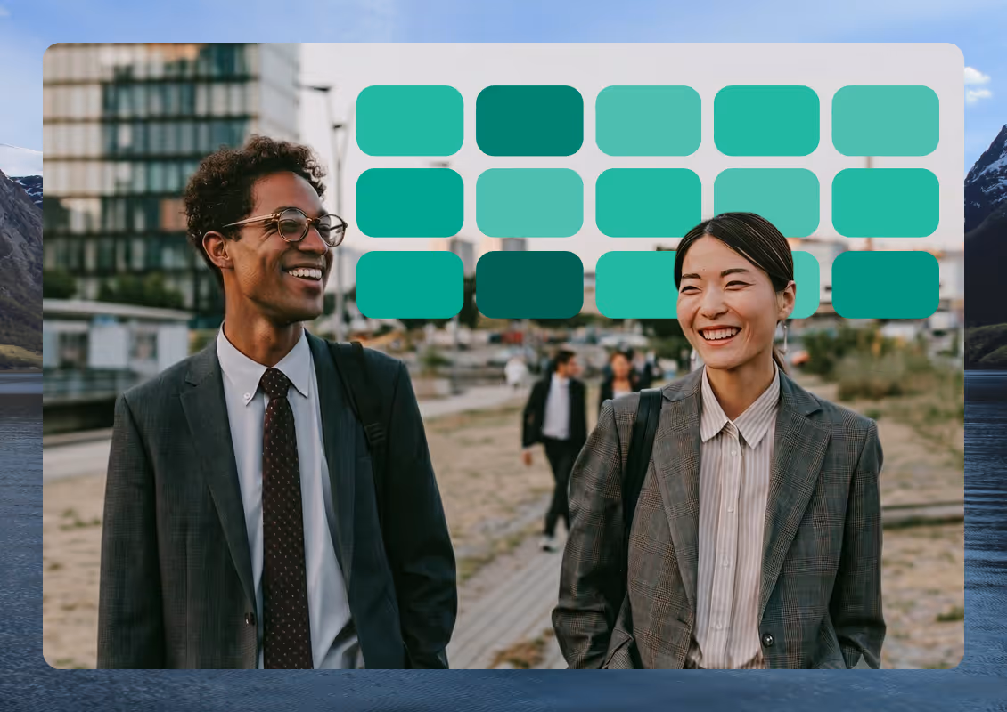 Three people in business attire smiling and talking outdoors with green abstract shapes above them.