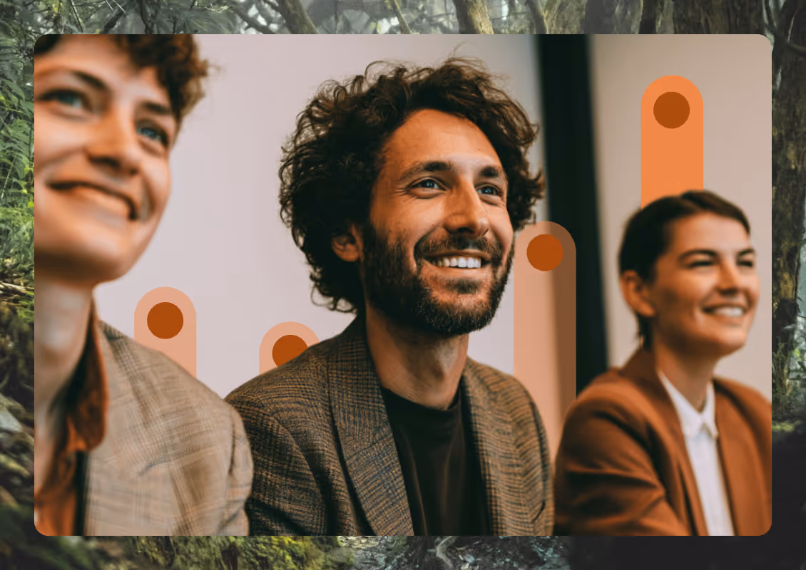 Three professionals smiling, seated side by side with abstract orange bar graphics behind them.
