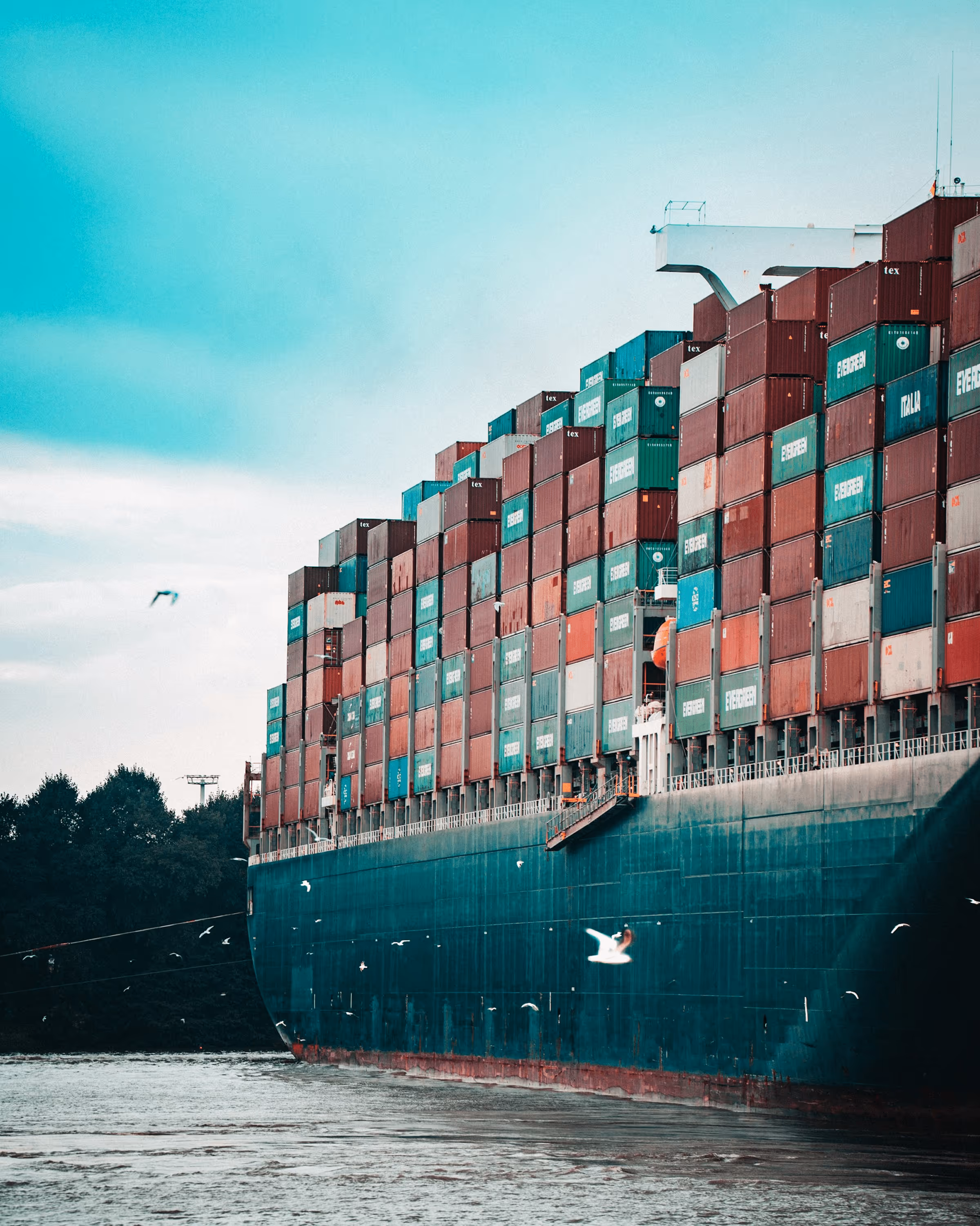 Large cargo ship loaded with colorful shipping containers sailing on water with birds flying nearby.