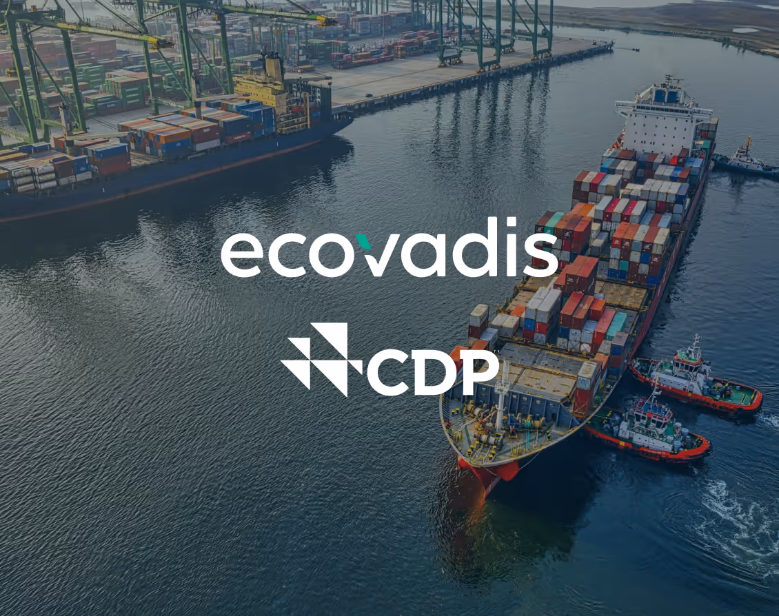 Cargo ship loaded with colorful containers docked at port with cranes and tugboats nearby.