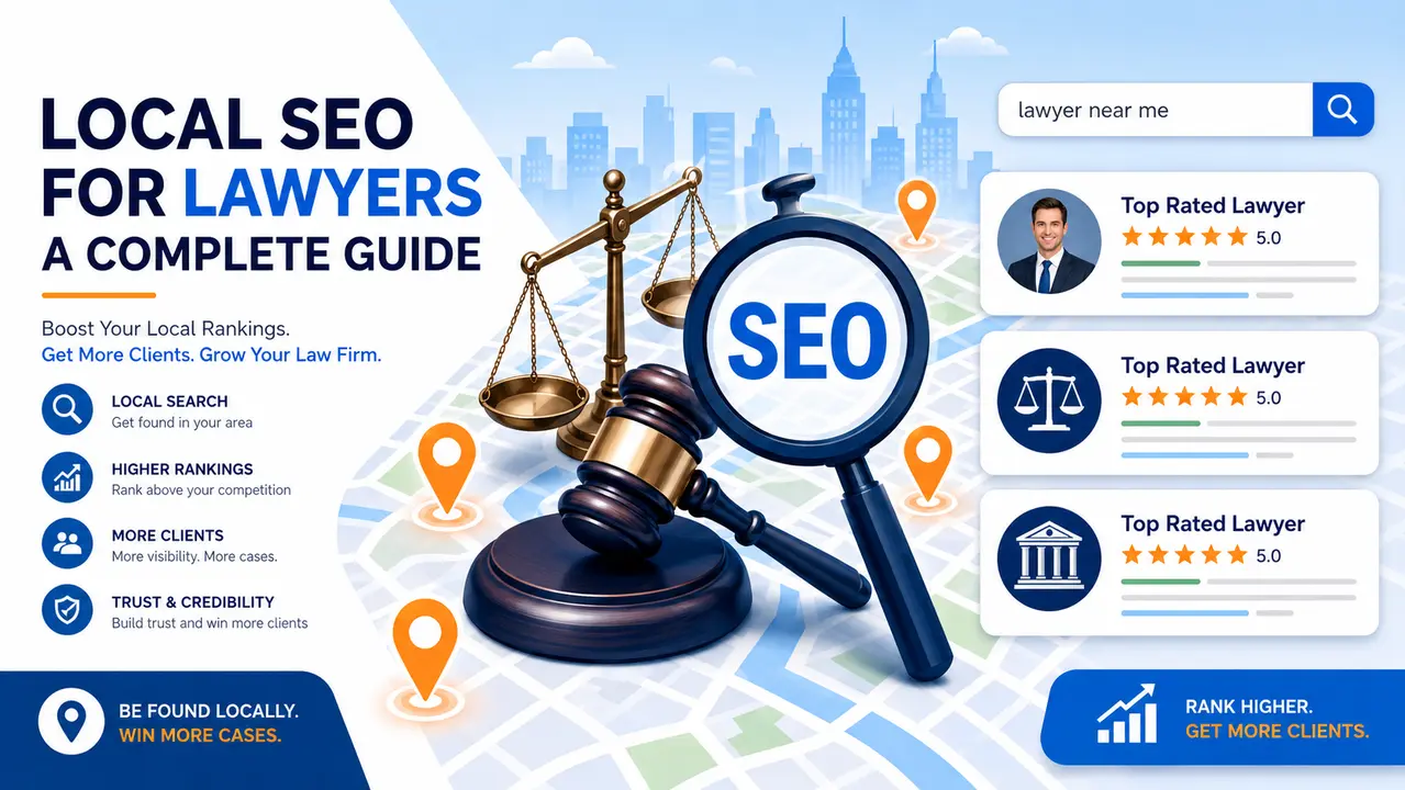 Local SEO for lawyers illustration with search results, map pins, legal icons, and SEO magnifying glass