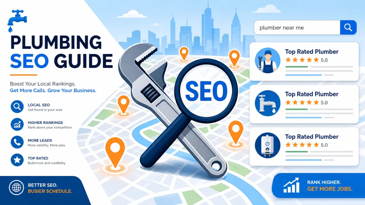 Plumbing SEO guide illustration with plumber search results, map pins, wrench, and SEO magnifying glass