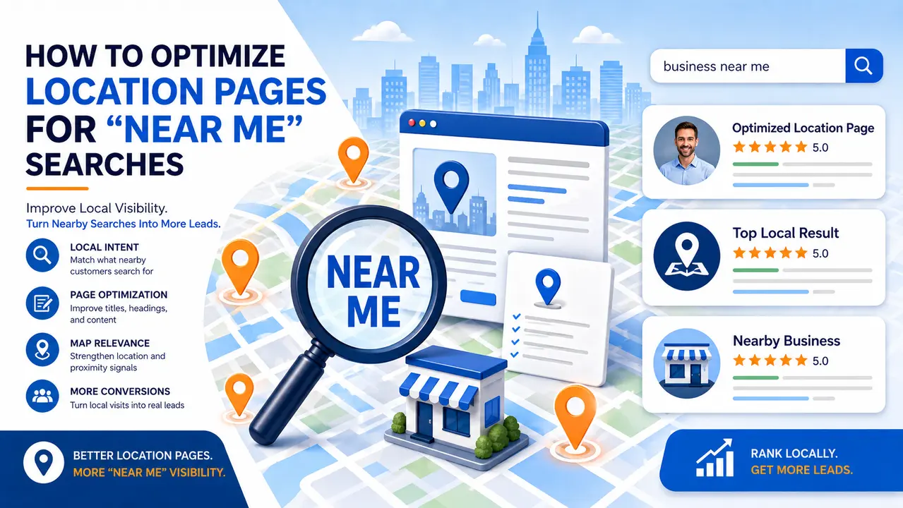 Local SEO for lawyers illustration with search results, map pins, legal icons, and SEO magnifying glass