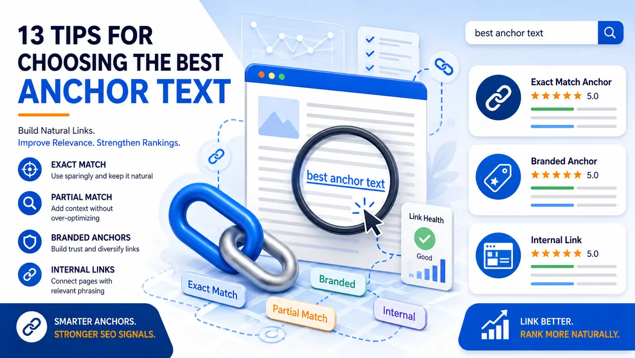 Infographic showing 13 tips for choosing anchor text with link types and SEO ranking advice.