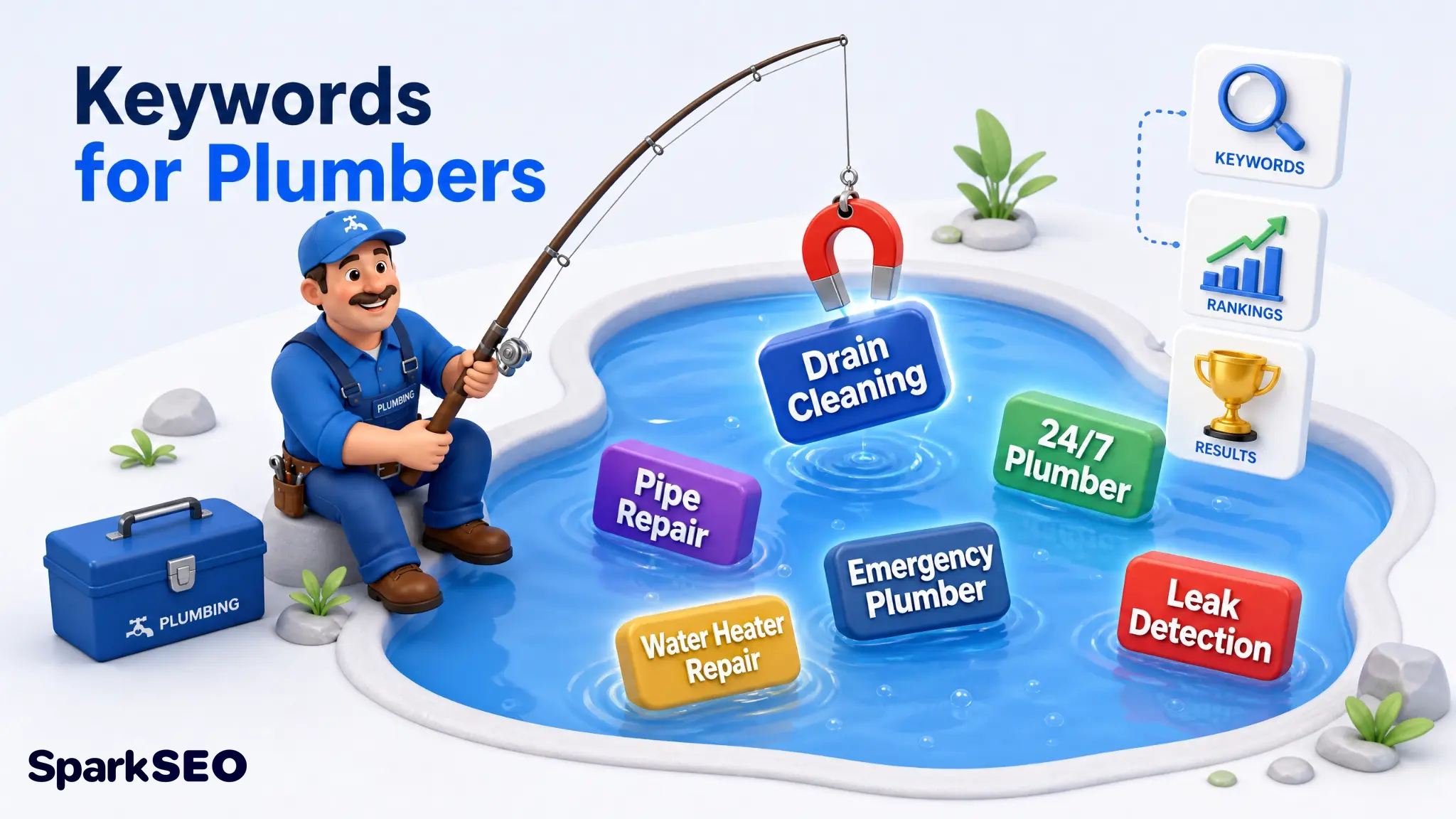Cartoon plumber fishing keywords like Drain Cleaning, Pipe Repair, Emergency Plumber in a round pool.