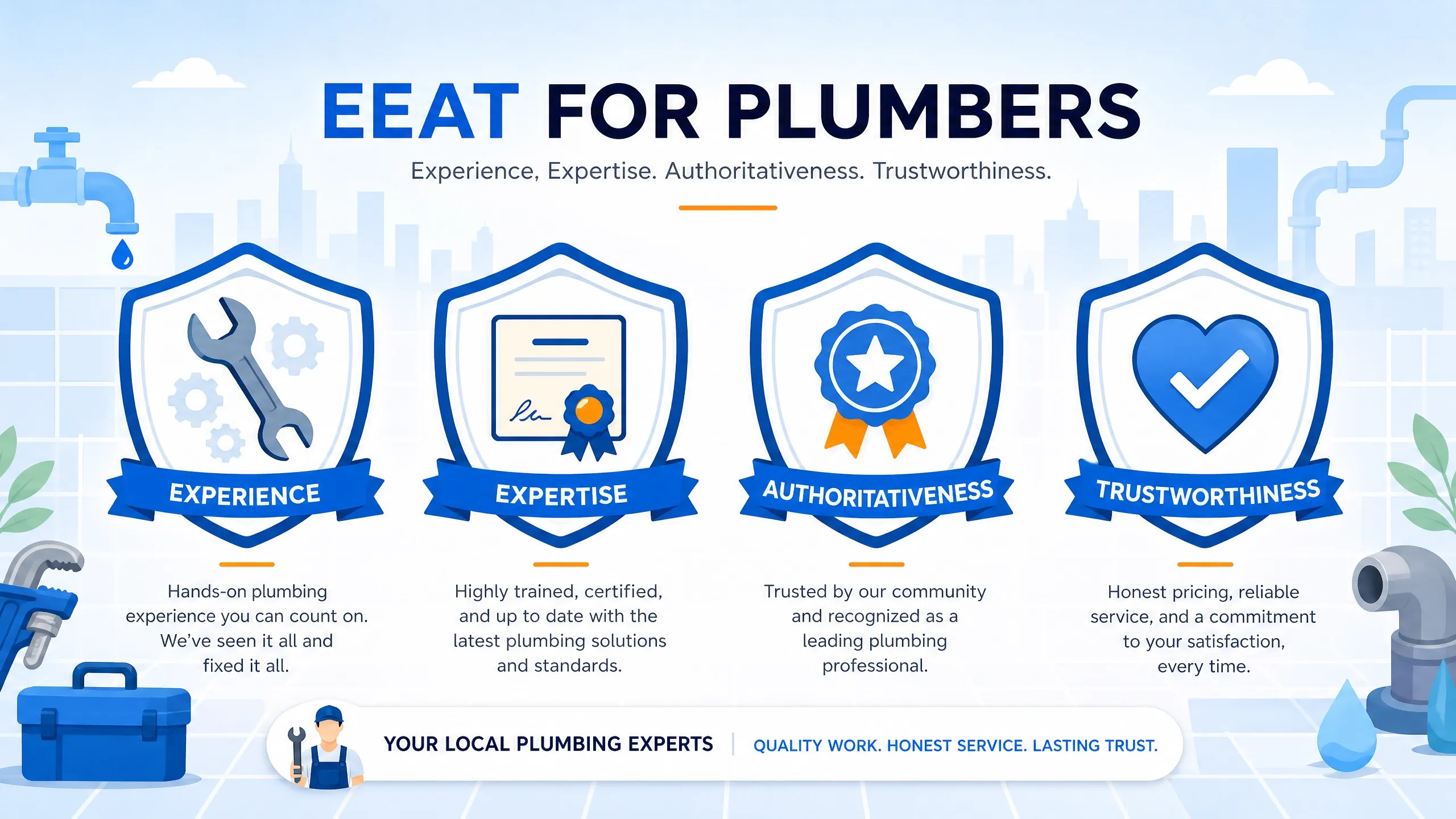 E-E-A-T for plumbers illustration with four shields representing experience, expertise, authoritativeness, and trustworthiness.