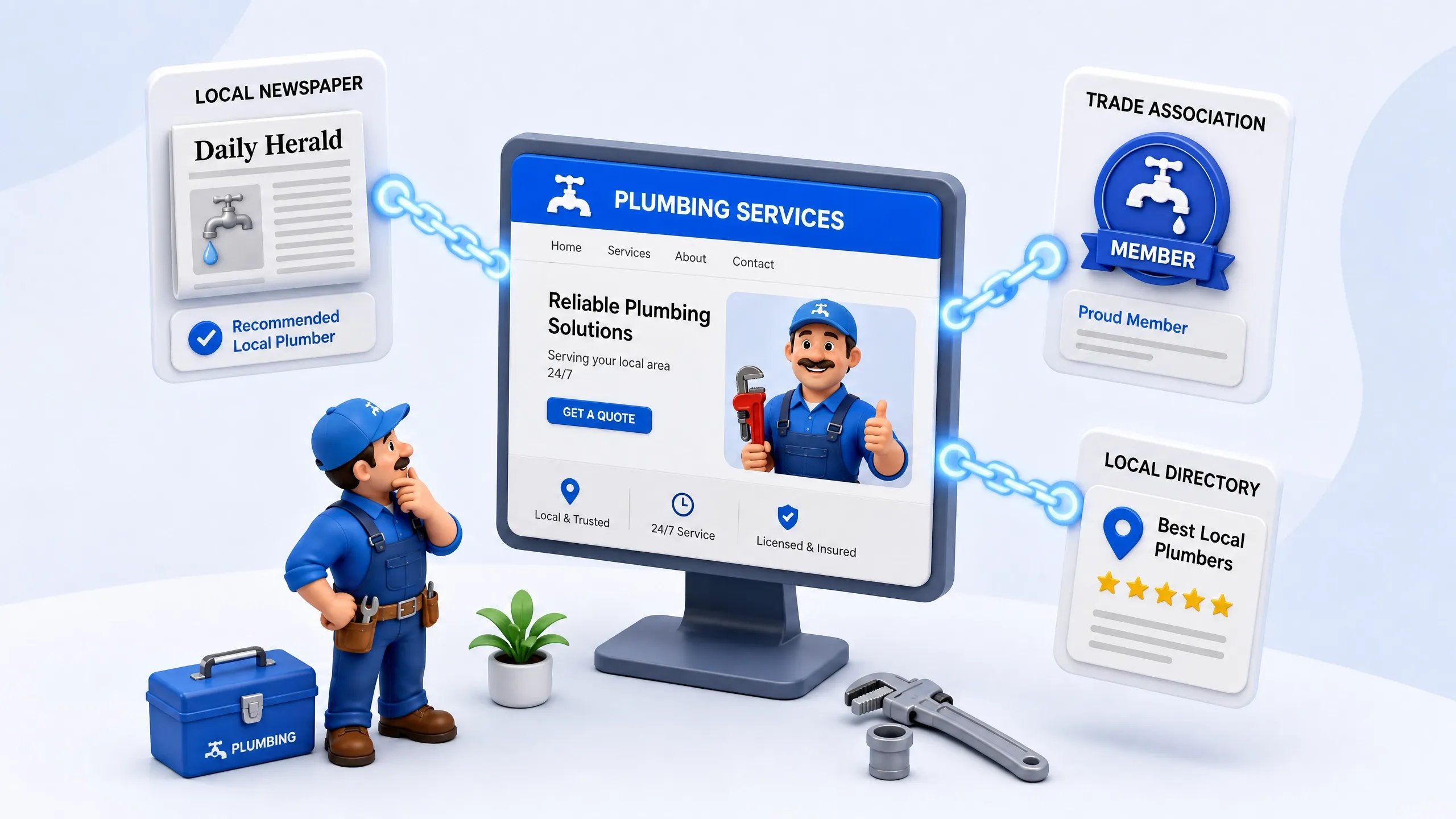 Plumber cartoon with tools viewing a plumbing service website linked to local ads, memberships, and ratings.