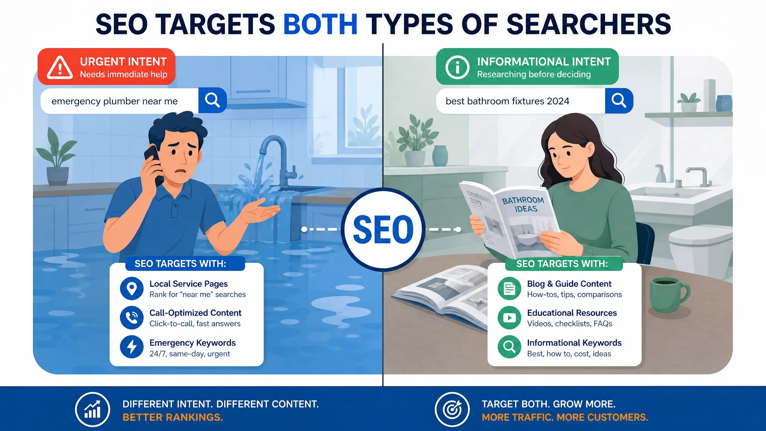 SEO targets urgent intent with local pages and call content; informational intent with blogs, guides, and resources.
