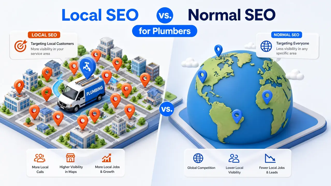 Comparison of local SEO targeting local customers and normal SEO targeting everyone globally for plumbers.
